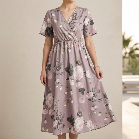 Loose Fit A-Line Wrap Front Midi Dress for Women – Stylish Comfortable Elegance