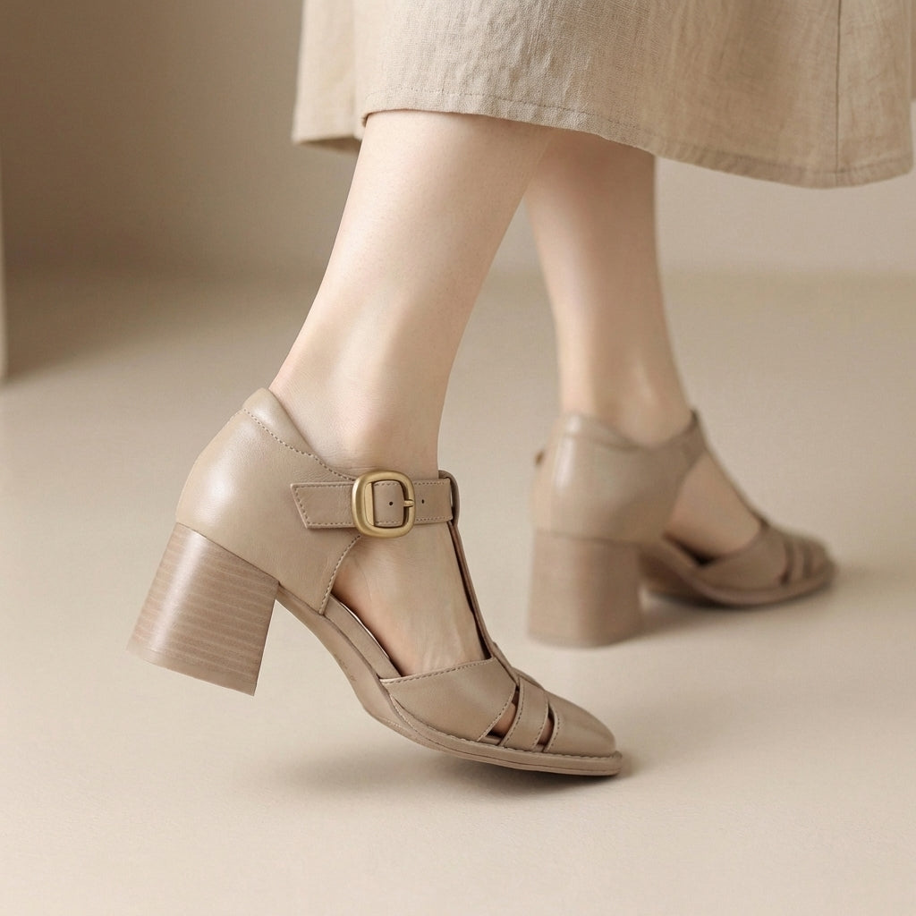 Square Toe Chunky Heeled Leather Cage Sandals for Women – Stylish & Comfortable Design