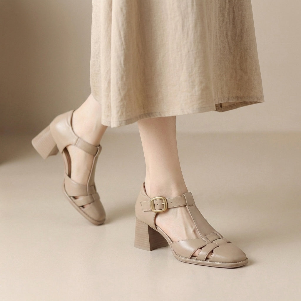 Square Toe Chunky Heeled Leather Cage Sandals for Women – Stylish & Comfortable Design