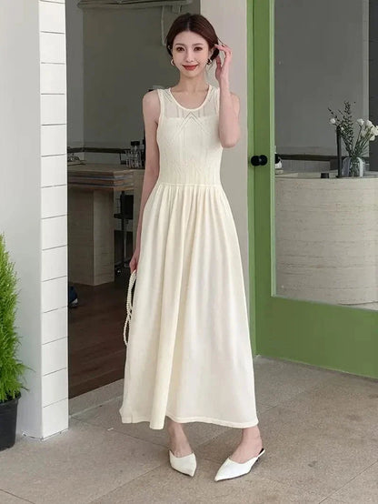 Women's Dress - Sleeveless A-line - Light and Elegant - Embroidered Top - Round Neck
