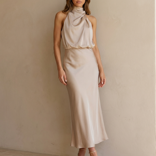 Draped Twisted Neck Blouson A-Line Maxi Dress for Women – Elegant Formal Style