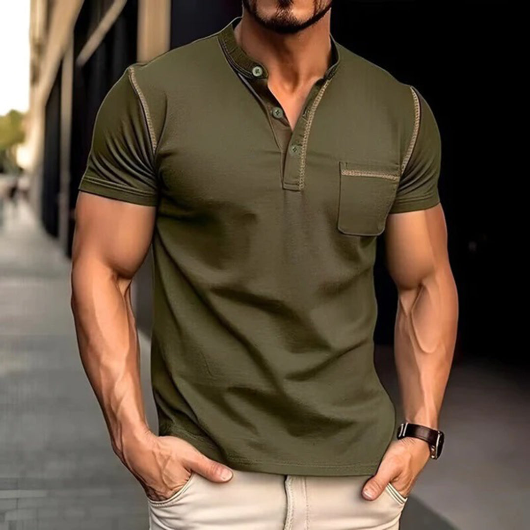 Men's Henley T-shirt - Button Closure - Chest Pocket - Short Sleeved - Slim Fit