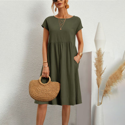 Women's Dress - Loose Fit - Round Neck - Short Sleeves - Light and Breathable