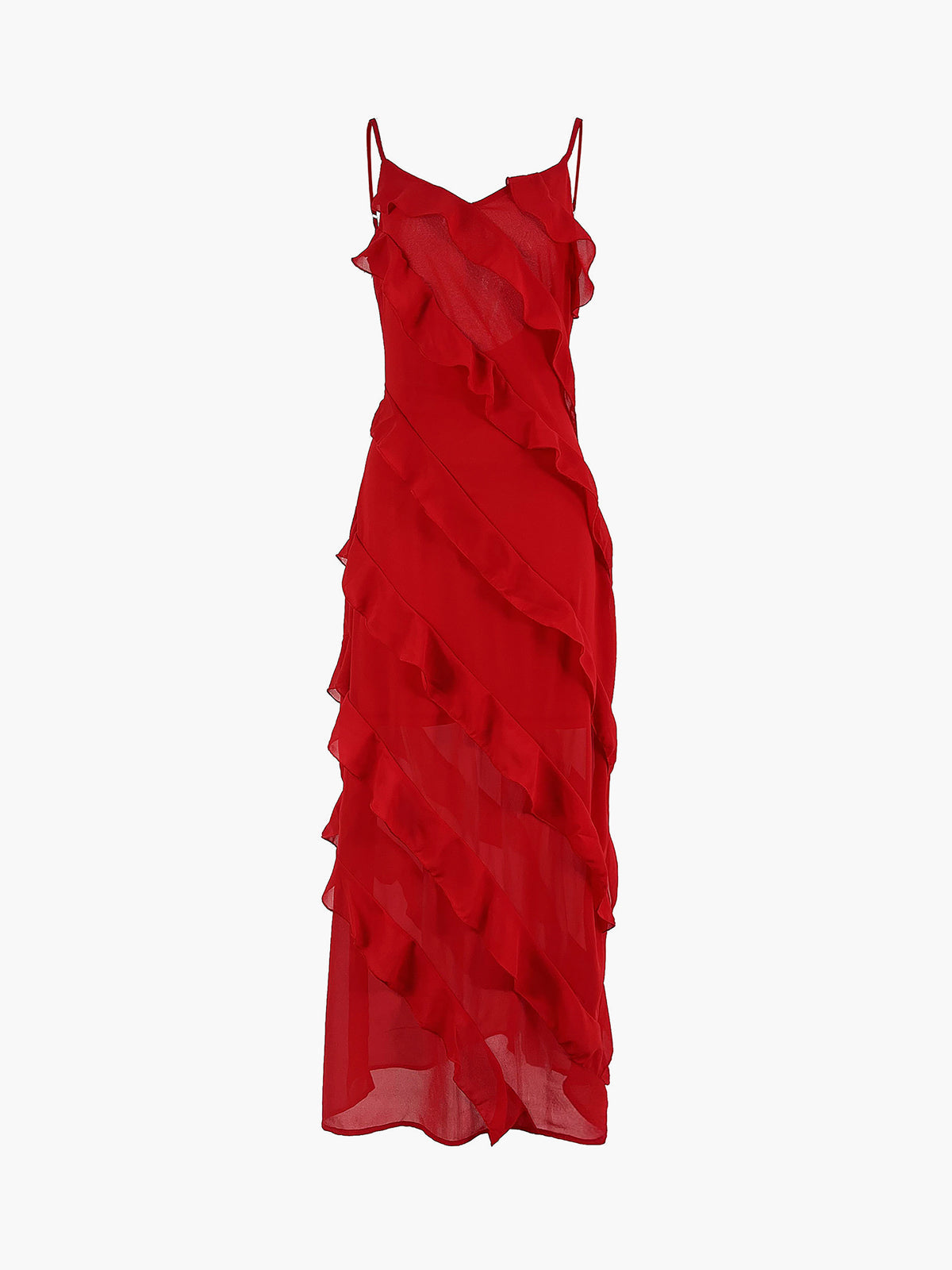 Women's Evening Dress - Long Flowy Silhouette - Spaghetti Straps - Elegant with Ruffle Details