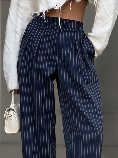 Women's Pants - High-Waisted Wide Leg - Classic Striped Design - Elegant Look