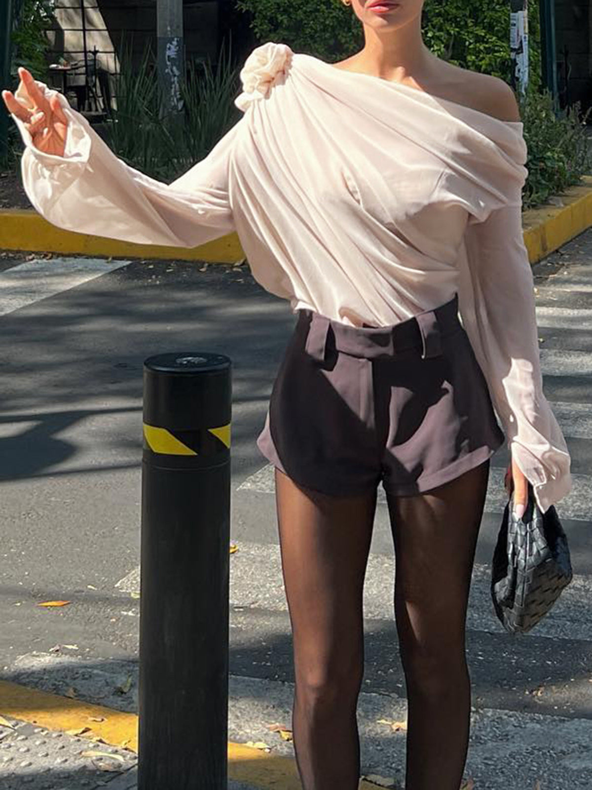 Women's Blouse - Asymmetric One-Shoulder - Elegant Draped Design - Floral Detail