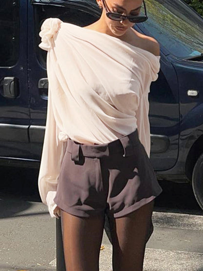 Women's Blouse - Asymmetric One-Shoulder - Elegant Draped Design - Floral Detail
