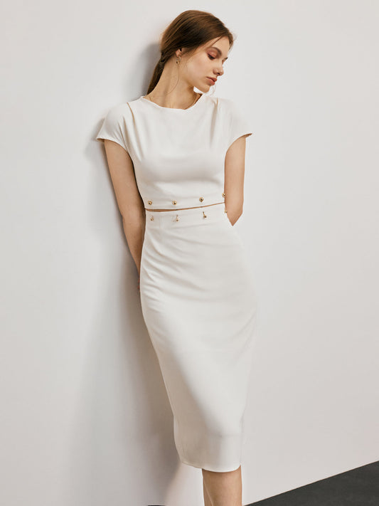 Women's Midi Dress - Fitted Waist - Short Sleeves - Round Neck - Button Details