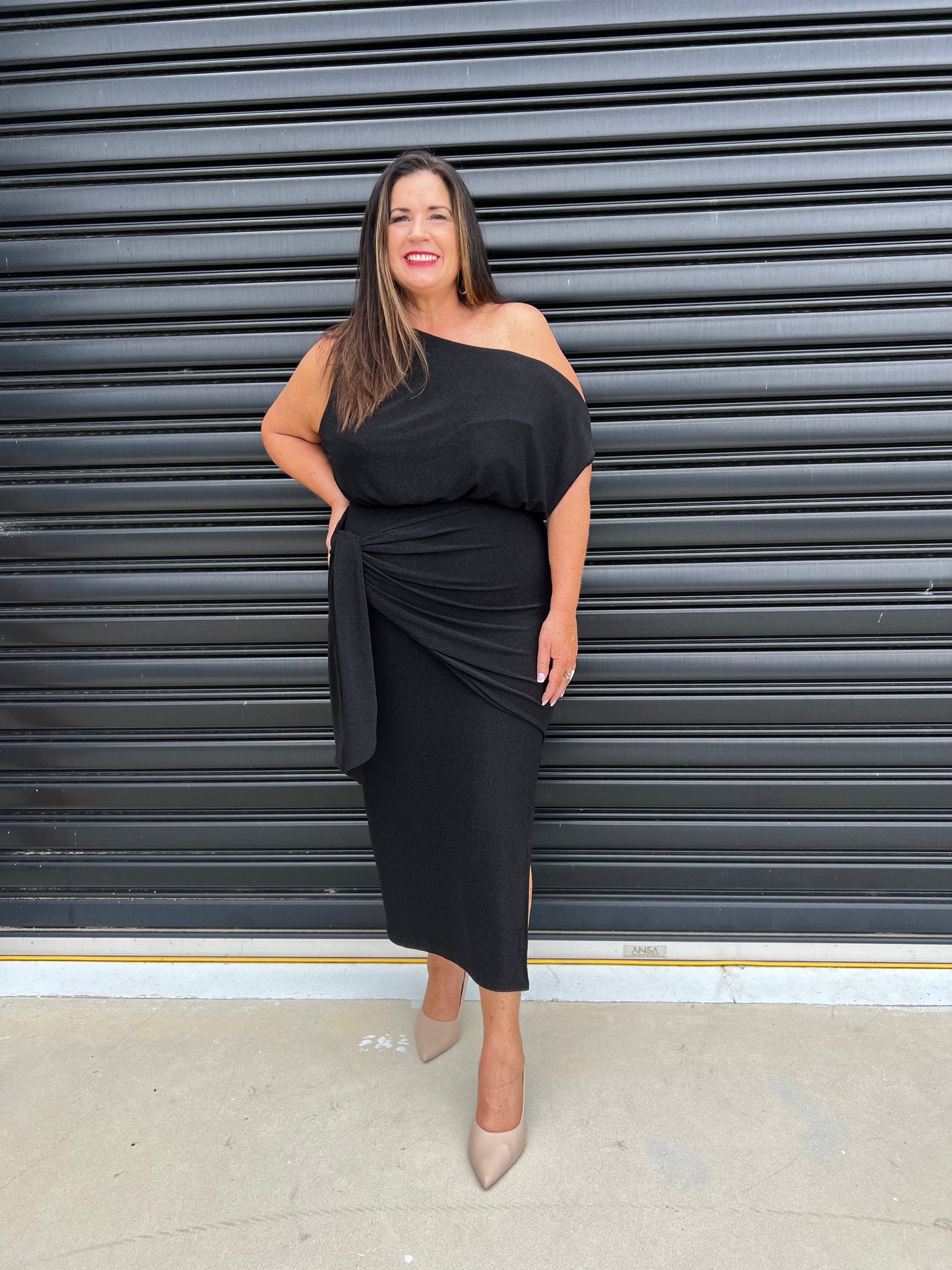 Women Dress - Asymmetric One-Shoulder - Slim Fit - Midi Length with Slit