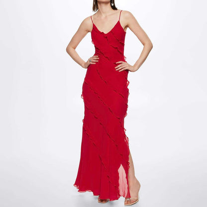 Women's Evening Dress - Long Flowy Silhouette - Spaghetti Straps - Elegant with Ruffle Details