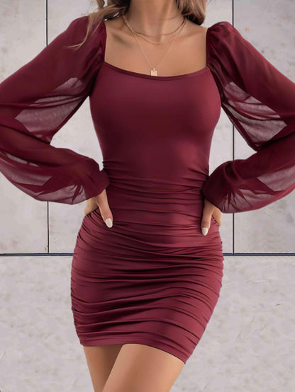 Women's Bodycon Dress - Elegant Design - Square Neckline - Long Sheer Sleeves - Ruched Details