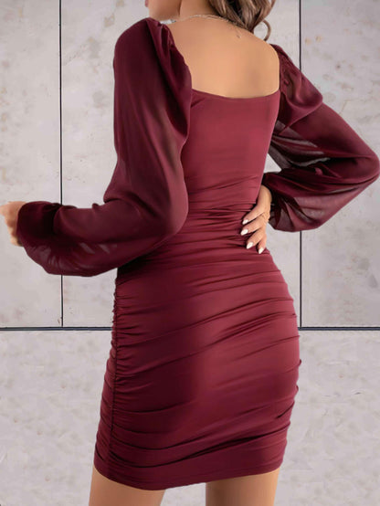 Women's Bodycon Dress - Elegant Design - Square Neckline - Long Sheer Sleeves - Ruched Details