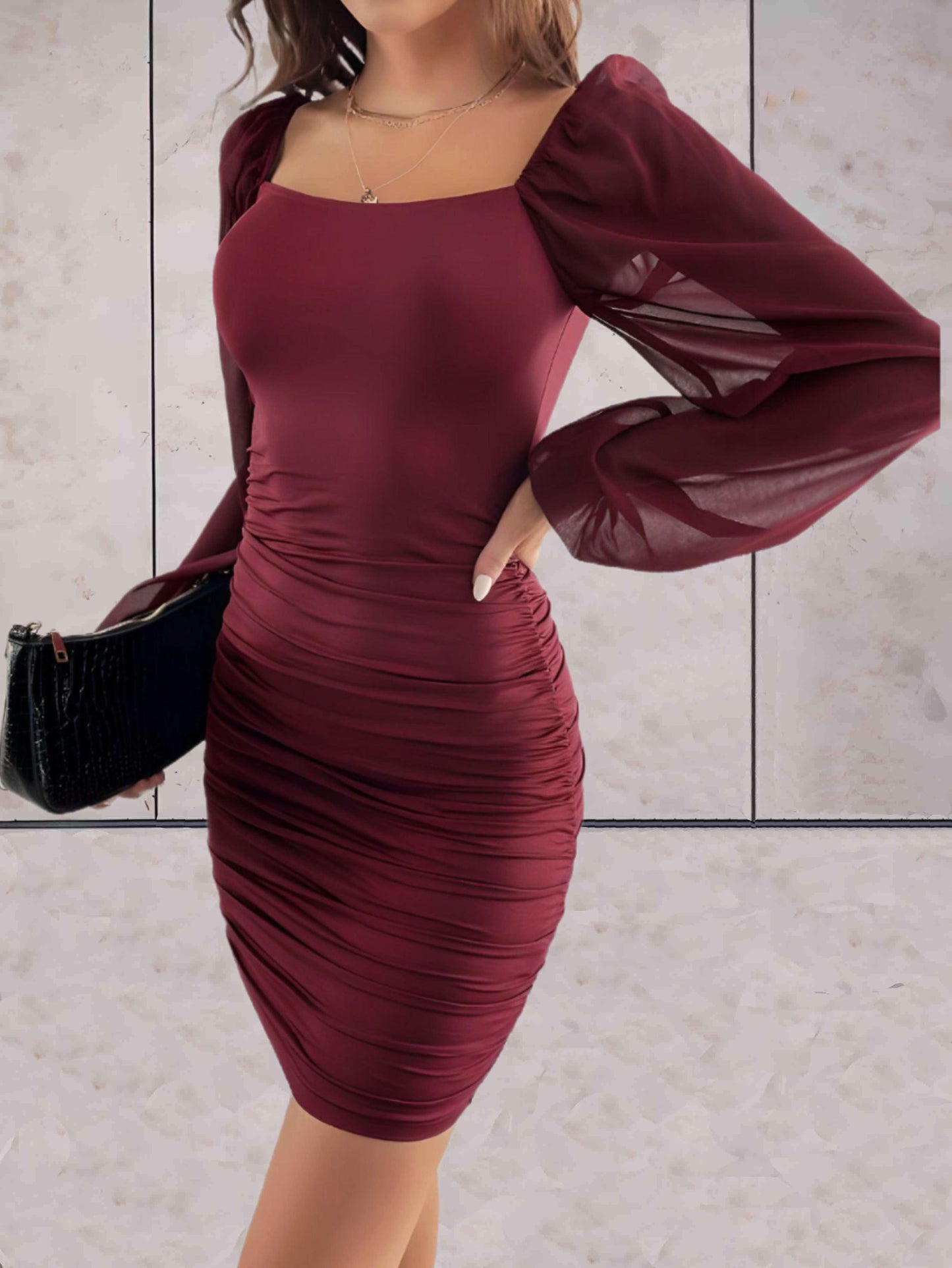 Women's Bodycon Dress - Elegant Design - Square Neckline - Long Sheer Sleeves - Ruched Details