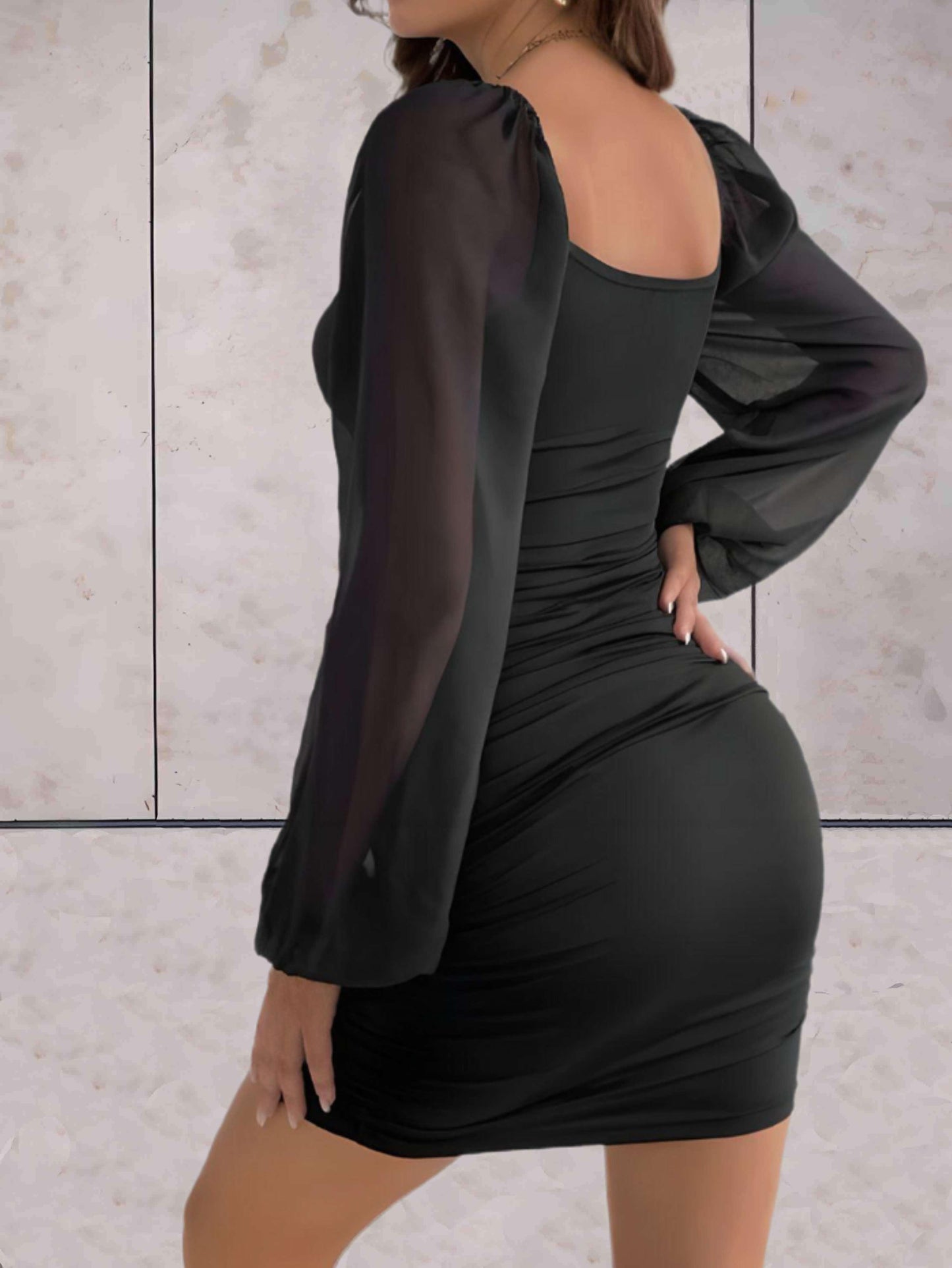 Women's Bodycon Dress - Elegant Design - Square Neckline - Long Sheer Sleeves - Ruched Details