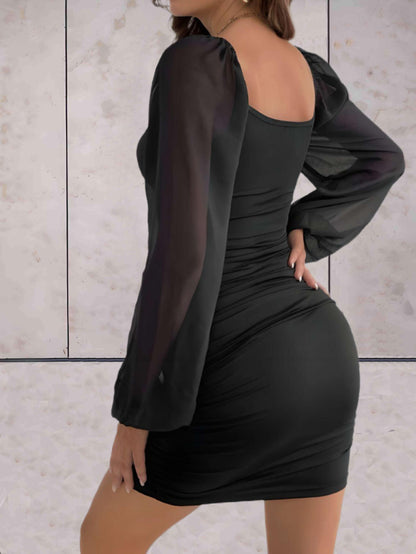 Women's Bodycon Dress - Elegant Design - Square Neckline - Long Sheer Sleeves - Ruched Details