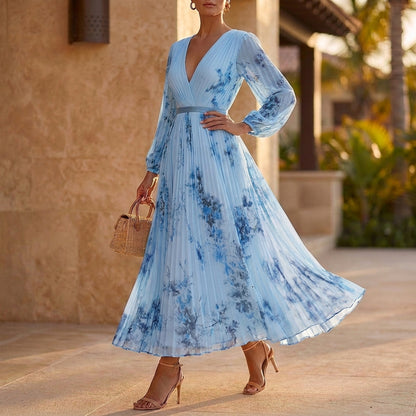 Pleated Belted A-Line Maxi Dress for Women – Elegant Floral Style