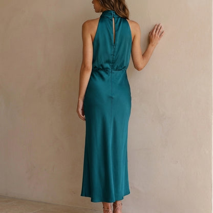 Draped Twisted Neck Blouson A-Line Maxi Dress for Women – Elegant Formal Style