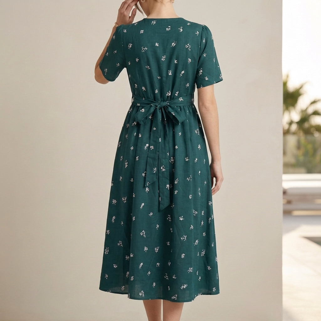 Loose Fit A-Line Wrap Front Midi Dress for Women – Stylish Comfortable Elegance