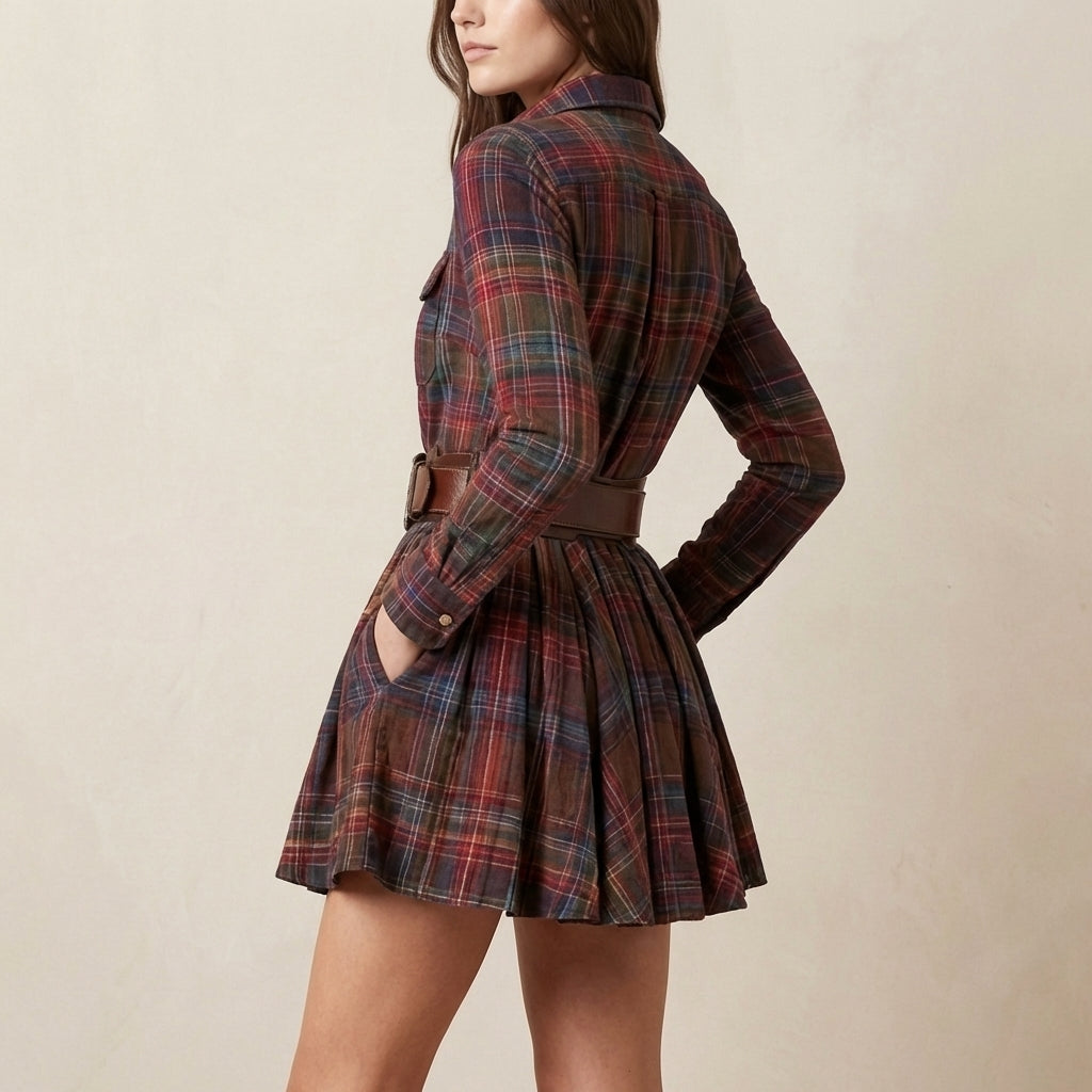 Plaid Fit and Flare Collared Mini Shirt Dress for Women – Stylish & Comfortable Design