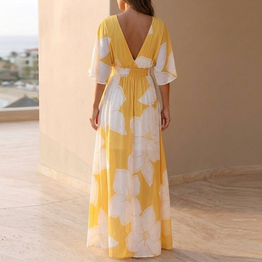 Floral Smocked Waist Wrap Front Midi Dress for Women – Elegant Casual Comfort