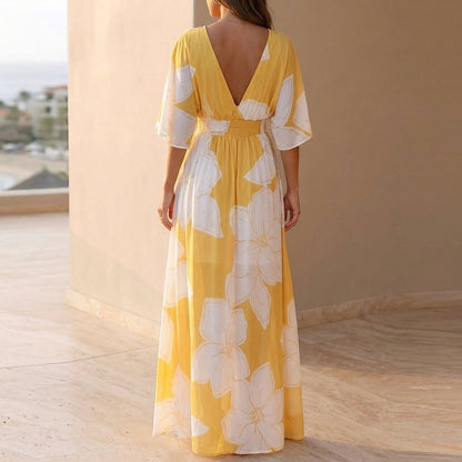 Floral Smocked Waist Wrap Front Midi Dress for Women – Elegant Casual Comfort