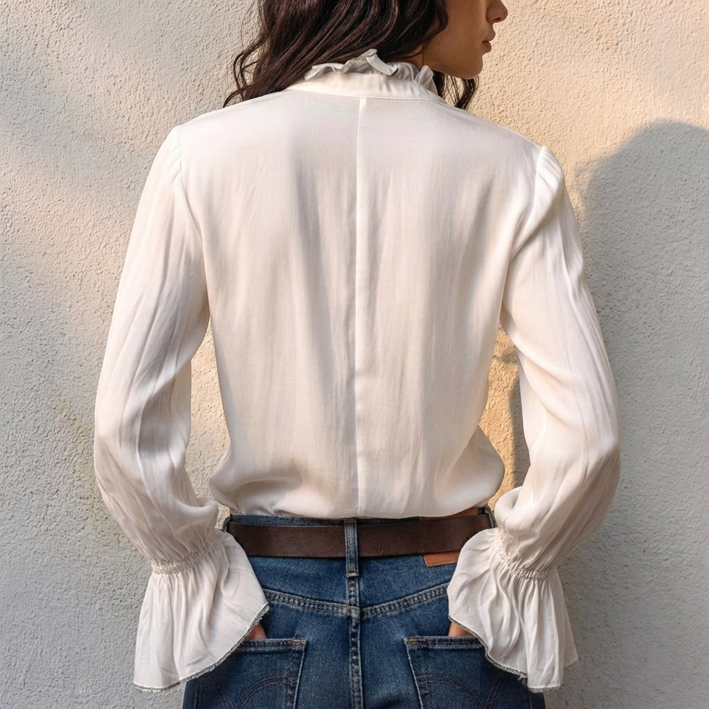 Ruffle Cuff Zip Front Blouse for Women – Effortless Sophisticated Style