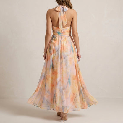 Watercolor Halter Midi Dress for Women – Graceful Occasion Elegance