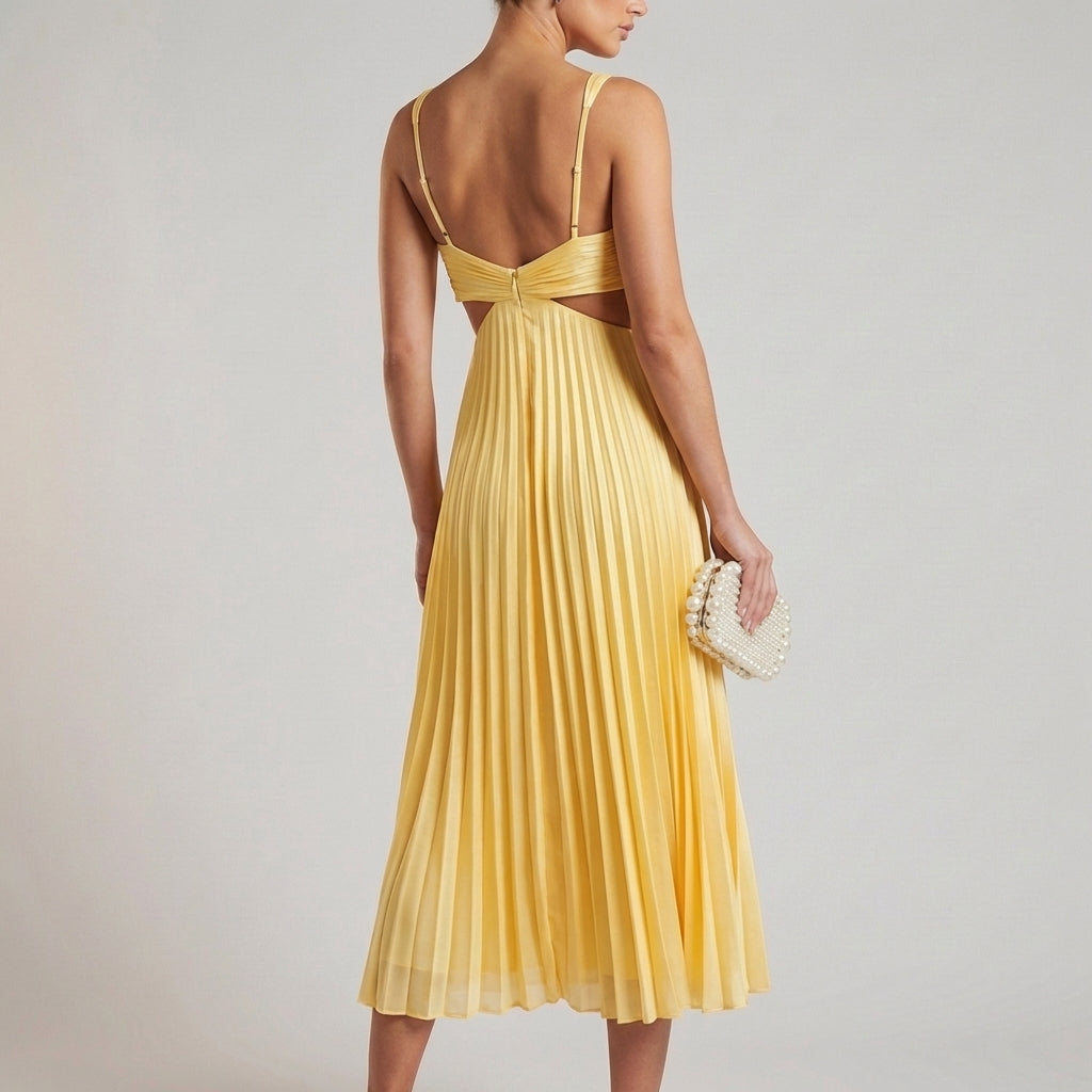 Pleated Cutout Midi Dress for Women – Graceful Elegance & Flowing Style