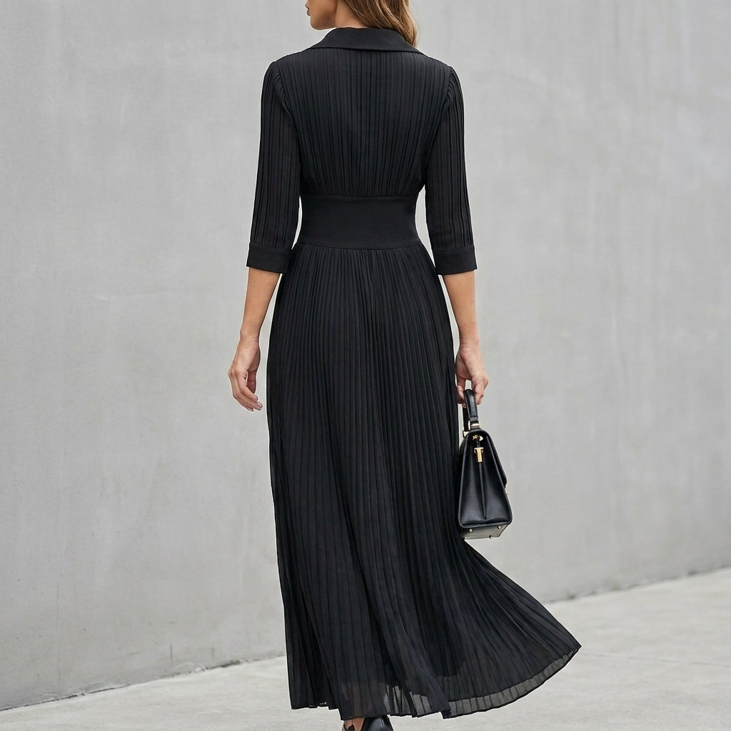 Pleated Button Front Corset Waist Fitted Waist A-Line Maxi Dress for Women – Elegant Semi-Formal Style