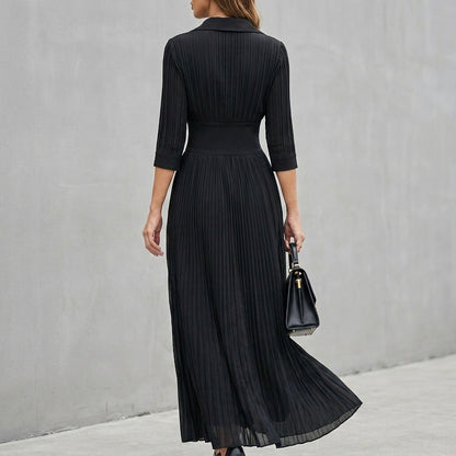 Pleated Button Front Corset Waist Fitted Waist A-Line Maxi Dress for Women – Elegant Semi-Formal Style