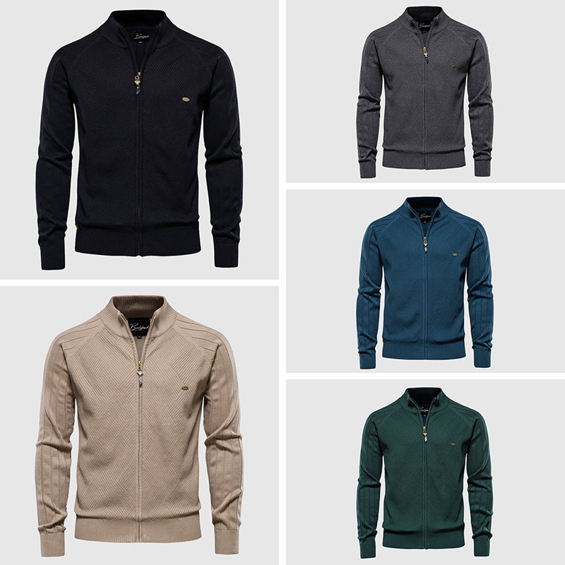 Men's Track Jacket - Ribbed Texture - Full Zipper - Stand Collar - Sporty & Casual Fit