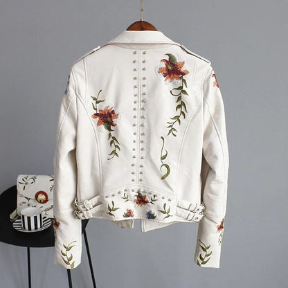 Lisa Leather Biker Jacket - Floral Embroidery