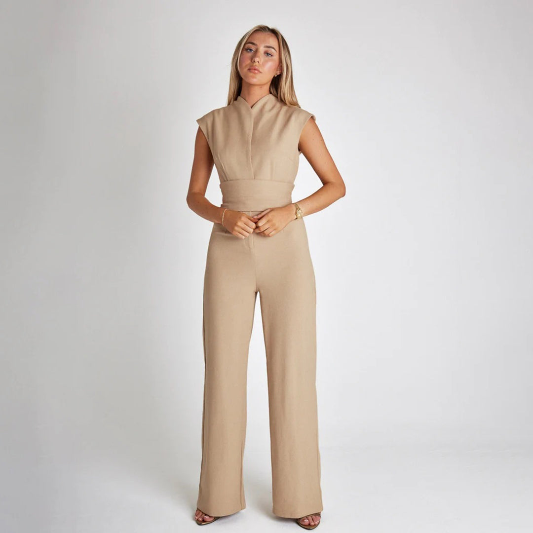 Women's Jumpsuit - Sleeveless with V-Neck - Waist Belt - Elegant Wide-Legged Pants