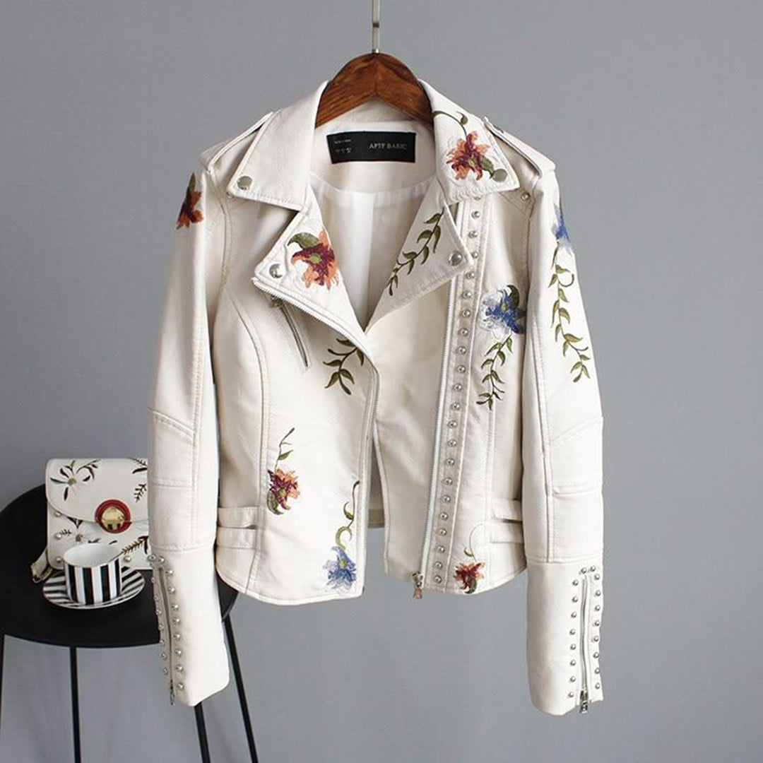 Lisa Leather Biker Jacket - Floral Embroidery