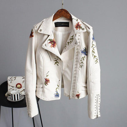 Lisa Leather Biker Jacket - Floral Embroidery