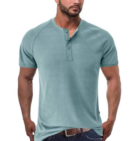 Men's Henley T-shirt - Button Closure - Short Sleeved - Textured Fabric - Regular Fit