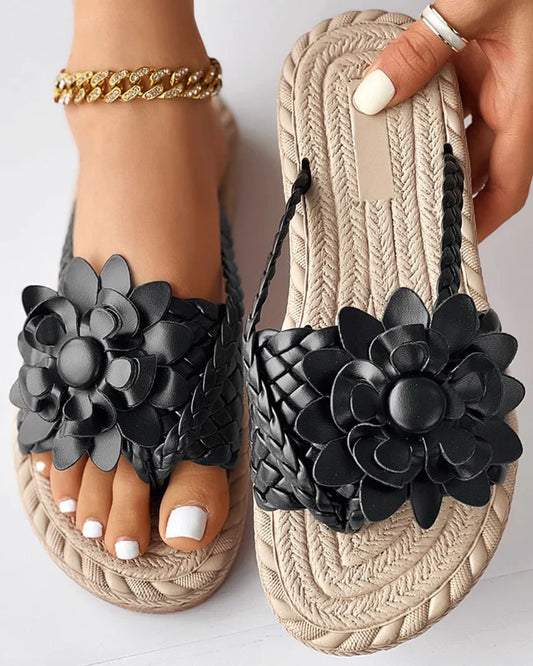 Women's Slippers - Woven Design - Comfortable Sole - Floral Decoration