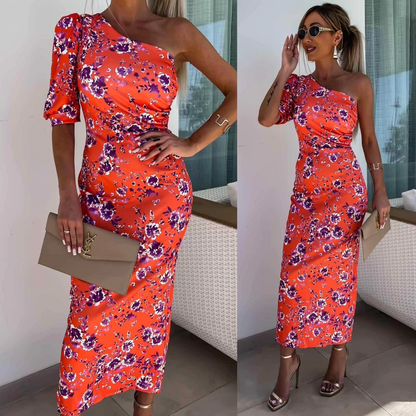 Women's Dress – Asymmetric Cut – One Shoulder – Floral Pattern – Elegant Midi Fit