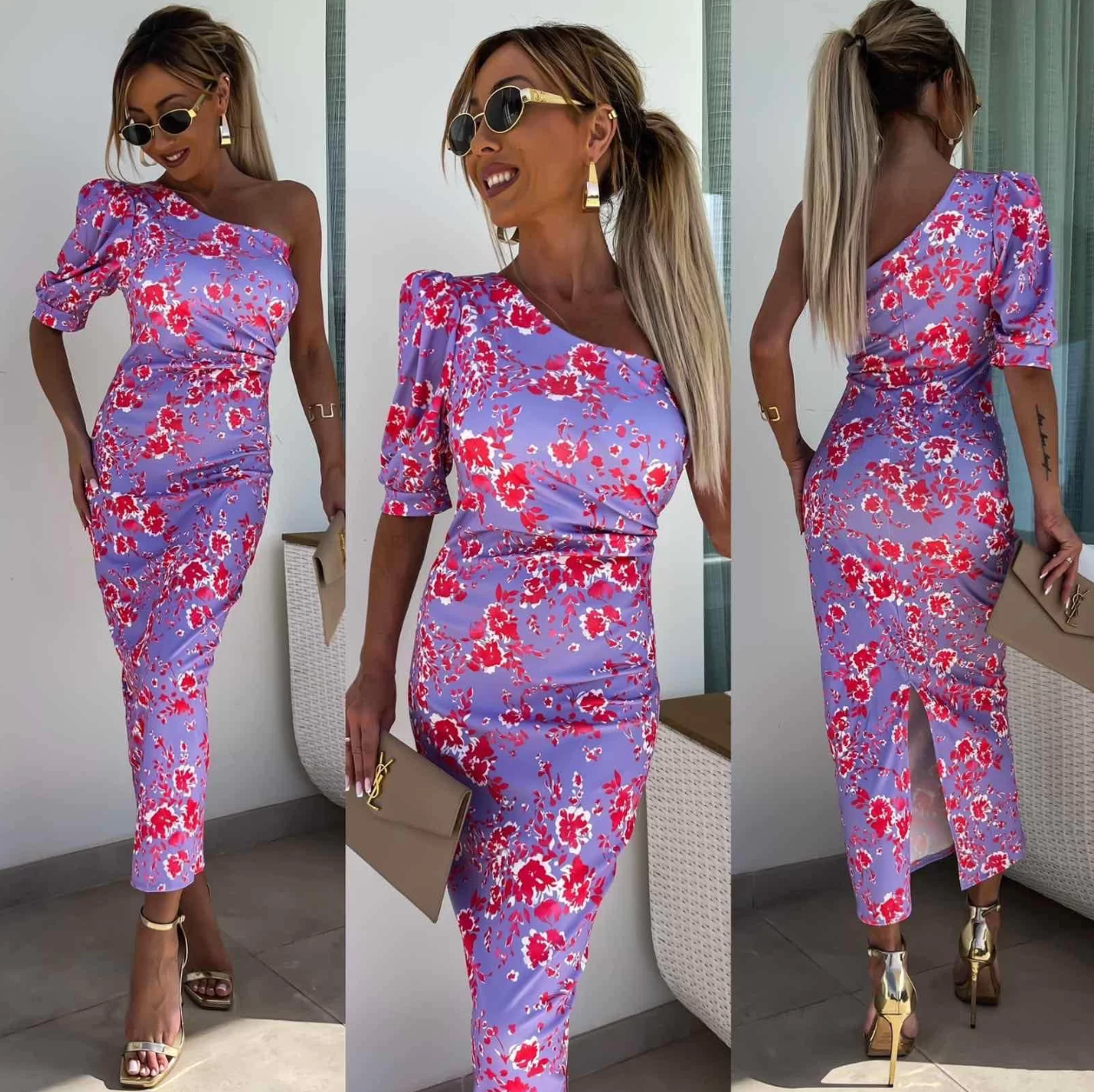 Women's Dress – Asymmetric Cut – One Shoulder – Floral Pattern – Elegant Midi Fit