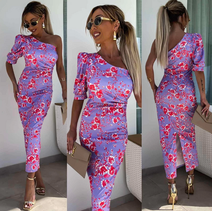 Women's Dress – Asymmetric Cut – One Shoulder – Floral Pattern – Elegant Midi Fit