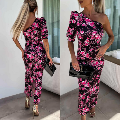 Women's Dress – Asymmetric Cut – One Shoulder – Floral Pattern – Elegant Midi Fit