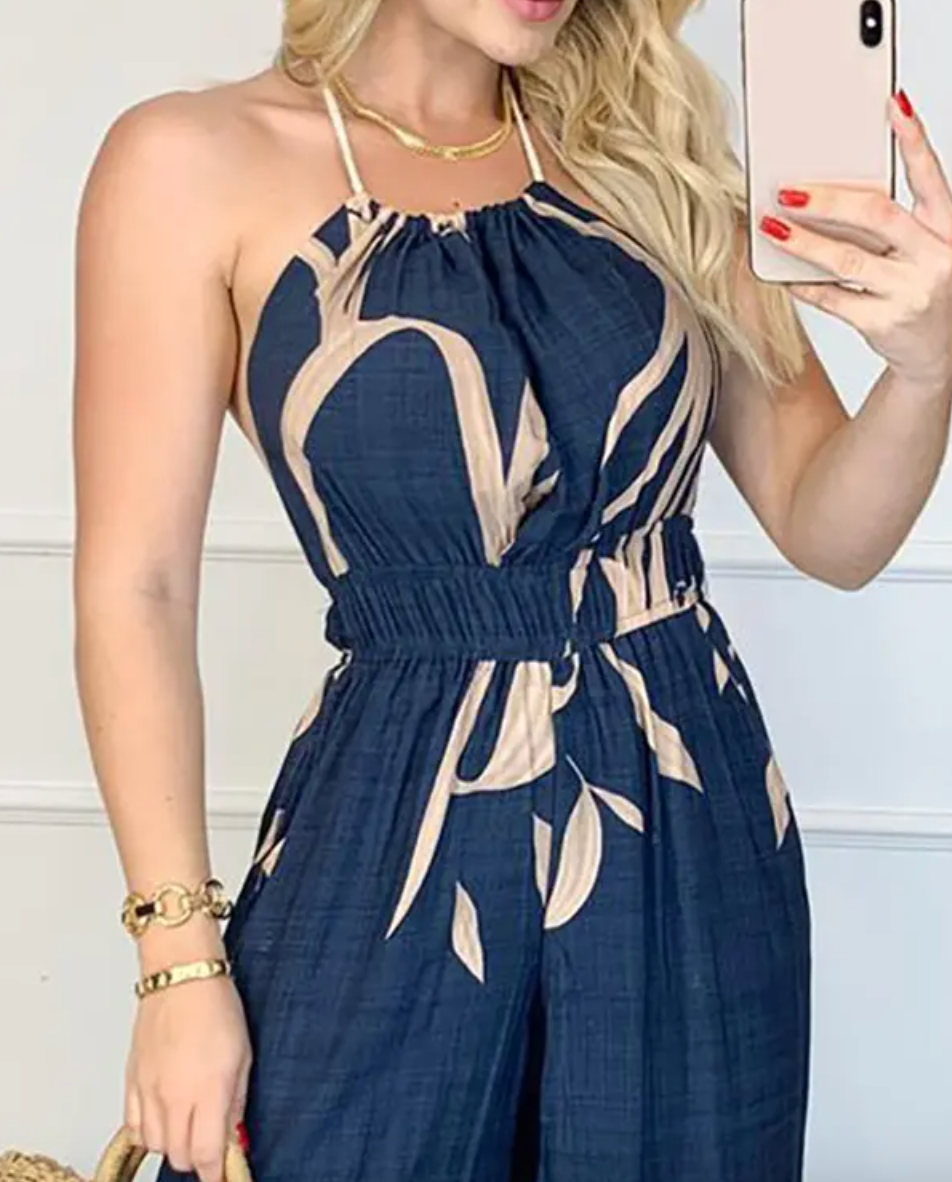 Women's Jumpsuit - Halterneck - Sleeveless - Elastic Waist - Wide Legs - Floral