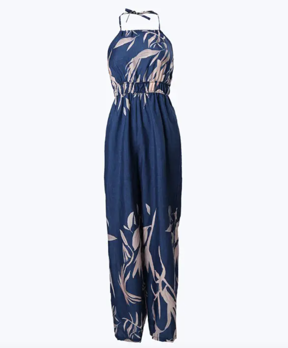 Women's Jumpsuit - Halterneck - Sleeveless - Elastic Waist - Wide Legs - Floral