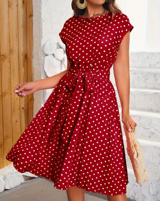 Women's Dress - A-line Fit - Polka Dot Design - Knee Length with Waistband