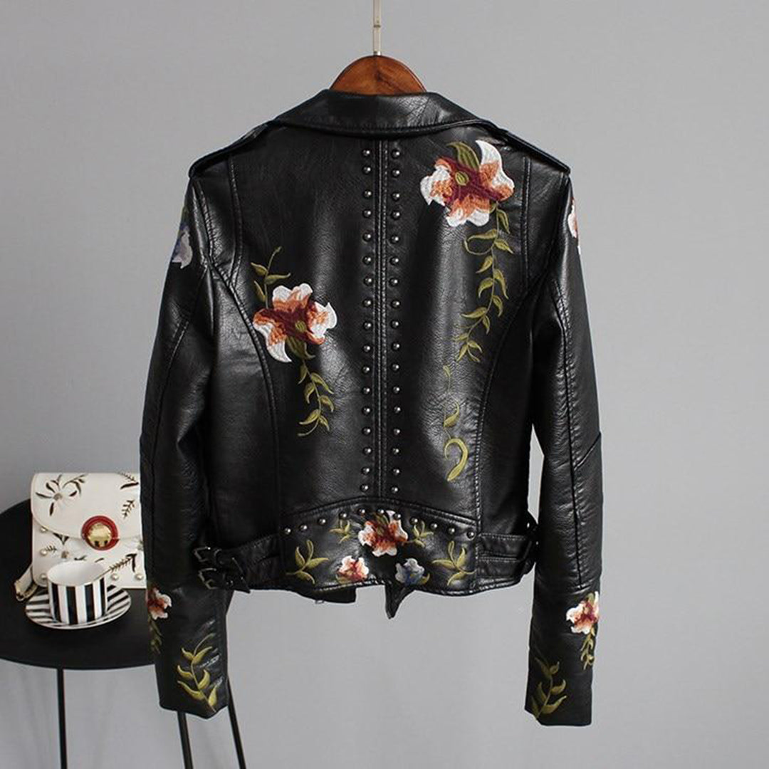 Lisa Leather Biker Jacket - Floral Embroidery