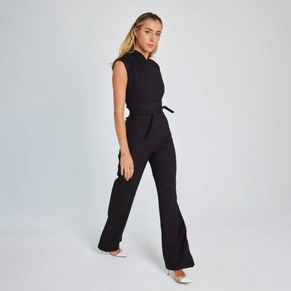 Women's Jumpsuit - Sleeveless with V-Neck - Waist Belt - Elegant Wide-Legged Pants