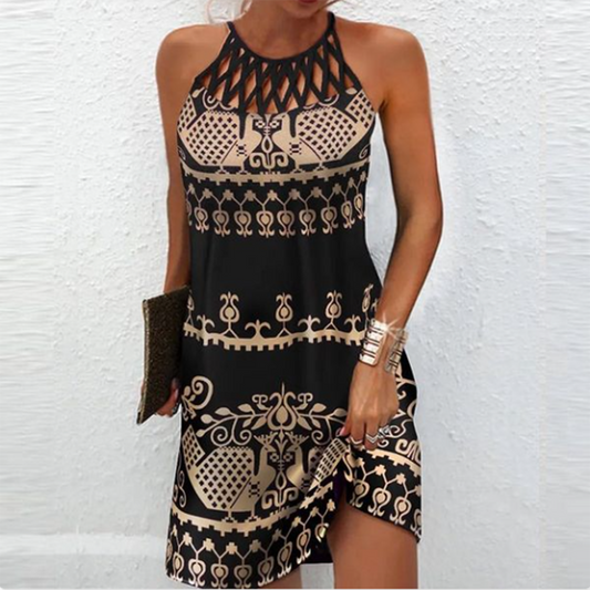 Women's Mini Dress - Sleeveless Halterneck - Embellished Pattern - Relaxed Fit