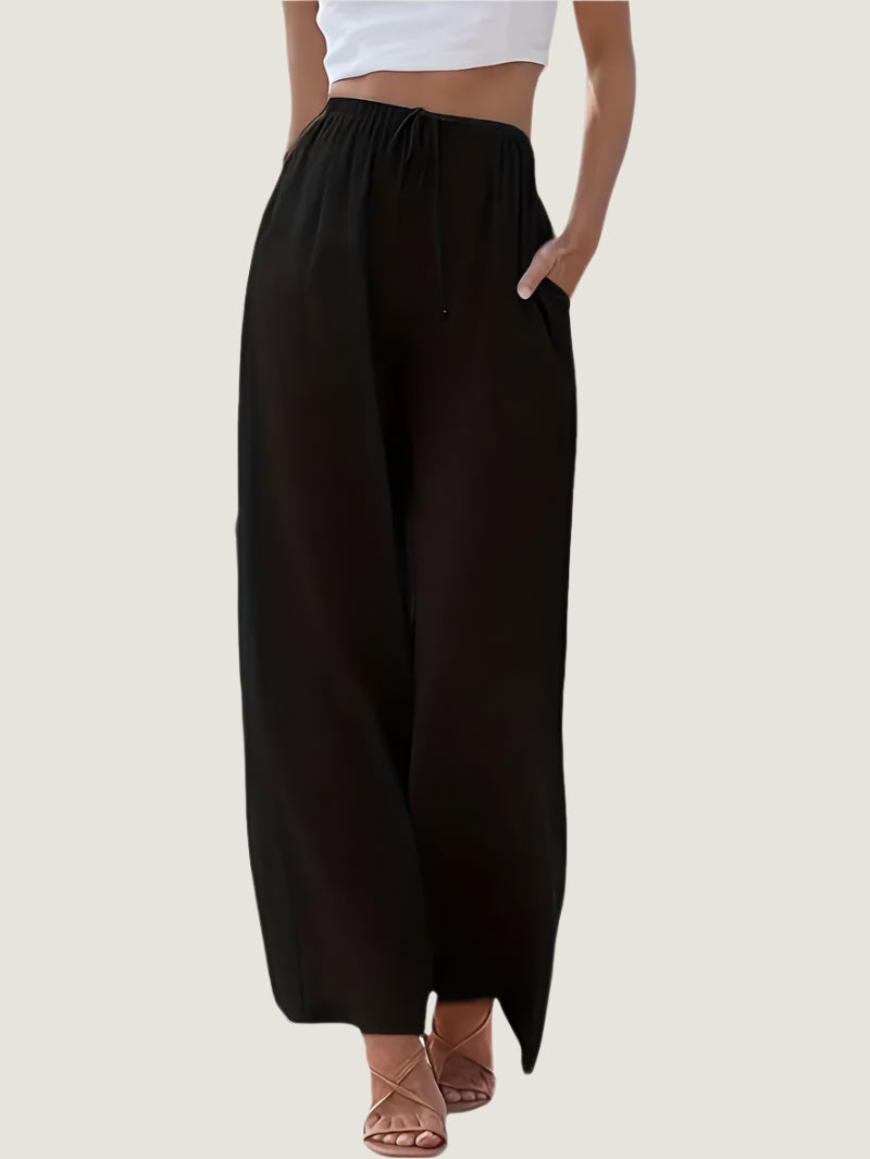 Women's Trousers – Wide Fit – Linen Blend – Drawstring Closure – With Side Pockets