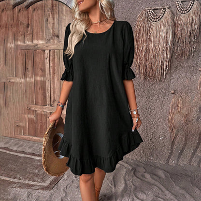 Women's Dress - A-line Fit - Puff Sleeves - Round Neck - Ruffle Hem Casual Look