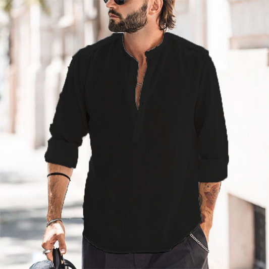 Men's Shirt – Relaxed Fit – Mandarin Collar – Long Sleeves – Rounded Hem